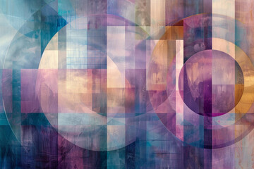 Layers of translucent rectangles and circles float weightlessly in a serene, dreamlike space,