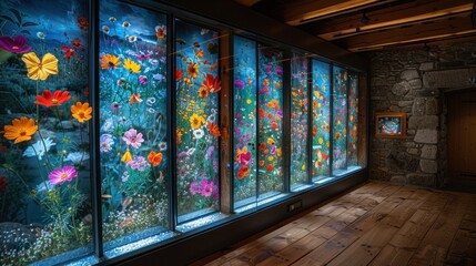 Inside the 'Torre Madariaga' multimedia biodiversity showroom, with pictures of flowers and animals, and no people inside in Urdaibai, Spain