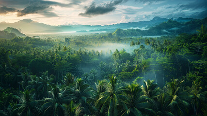 panoramic view of the tropical jungle, tropical forest scenery, tropical green landscape - obrazy, fototapety, plakaty
