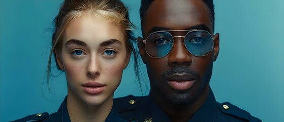 Two police officers one Black and one White pose together before shift. Concept Black and White police officers, Posed together, Before shift, Professional portrait - obrazy, fototapety, plakaty