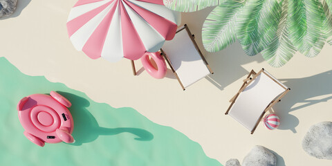 Top view on summer tropical beach with beach chairs, umbrella and sun accessories. Summer travel concept. 3d render