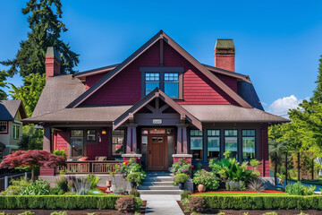 A luxurious deep ruby red craftsman cottage style home, featuring a triple pitched roof, exquisite landscaping, a direct sidewalk, and superior curb appeal, embodying upscale living.