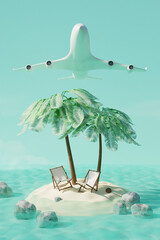 Summer tropical island with coconut palms and beach chairs in ocean and airplane in sky. Summer travel concept. 3d render