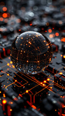 Fototapeta na wymiar futuristic technology background featuring glowing binary circuit lines intricately wrapped around a black sphere, modern cyber tech wallpaper, technology business background 