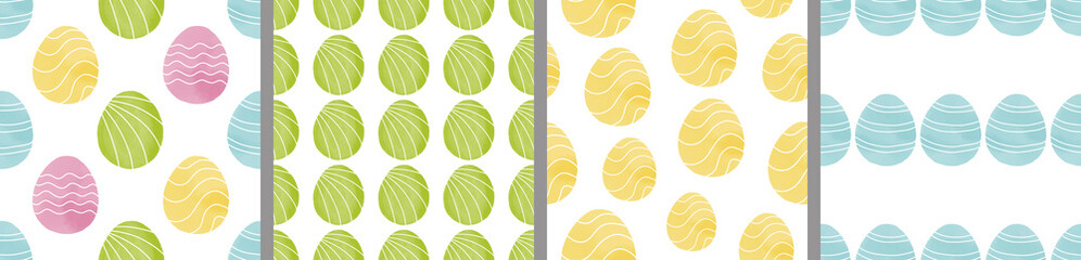 Watercolor set of seamless patterns. Collection of hand drawn pastel Easter eggs