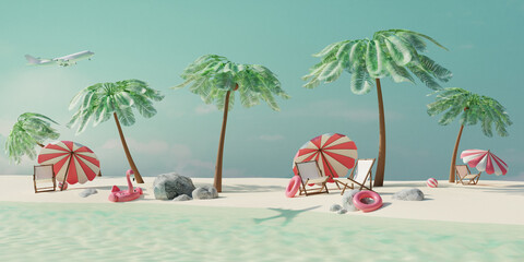 Summer tropical beach with beach chairs, umbrellas, rubber flamingo and airplane in sky. Summer travel concept. 3d render