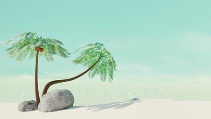 Empty summer tropical beach with coconut palms and stones. Summer travel concept. 3d render. Front view - 794050300