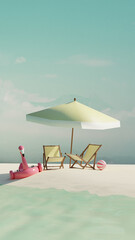 Summer tropical beach with beach chairs, umbrella and sun accessories. Summer travel concept. 3d render. Front view