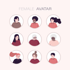 Set of personas, avatars, female characters of different ethnicity and age in flat style. Collection of multinational women portraits for social network, web or print.
