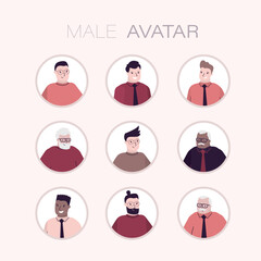 Set of personas, avatars, male characters of different ethnicity and age in flat style. Collection of multinational people for social network, web or print.