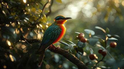 fascinated blue and orange bird perching on branches of wood on blured background. 3D illustration