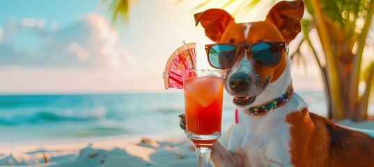 Carnivore dog with sunglasses holds drink on beach table