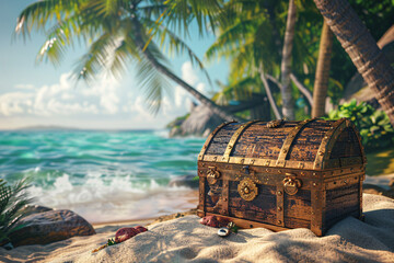 Treasure chest on sandy beach with palm trees and ocean backdrop