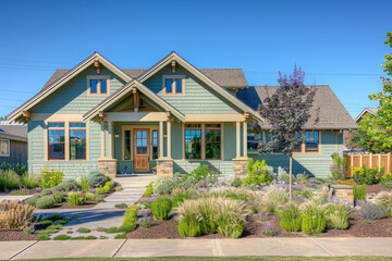 A newly built, soft sage green craftsman cottage style home, showcasing a triple pitched roof, thoughtful landscaping