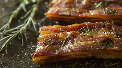 Dry cured pork belly bacon with rosemary - obrazy, fototapety, plakaty