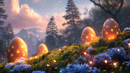 Glowing Easter Eggs in a Magical Illuminated Forest Landscape