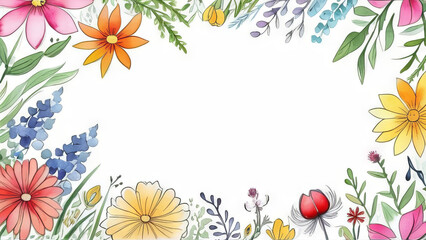 Fototapeta na wymiar Elegant Watercolor floral border template. Vintage pastel leaves and flowers with copy space background