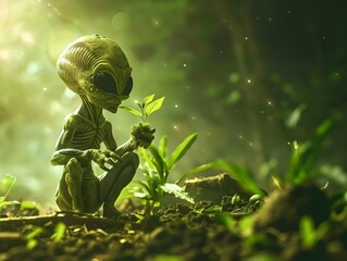 Extraterrestrial Botanist Cultivating Alien Foliage in Enchanting Otherworldly Environment - obrazy, fototapety, plakaty