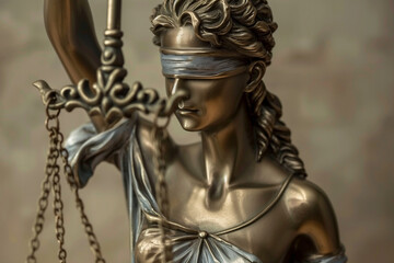 intimate close-up of the Lady Justice statue, showcasing the blindfolded figure holding scales and a sword, symbolizing impartiality and fairness in the legal system, against a neu - obrazy, fototapety, plakaty