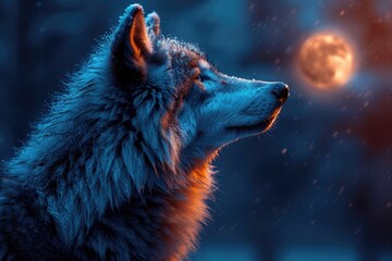 A wolf with a biomechanical body, its fur a blend of natural and fiber-optic strands, howling at a holographic moon