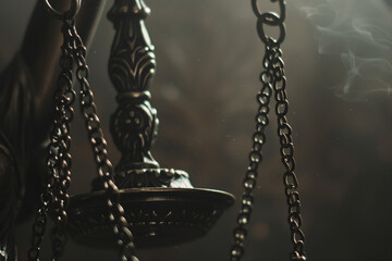 close-up shot of the Themis statue's scales, representing the balance and equity inherent in the legal system, against a subdued background, conveying the essence of justice and fa