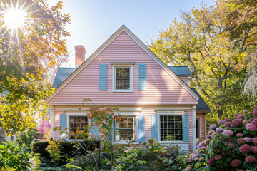 A radiant rose gold house surrounded by vibrant foliage, its pale blue siding providing a refreshing contrast to the traditional windows and shutters.  - obrazy, fototapety, plakaty
