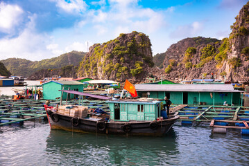Floating fishing village in sea bay in Vietnam, boats and islands - 794053544