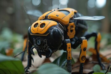 Bee-inspired drone with AI capabilities, flying among children and teaching them about pollination and the importance of bees