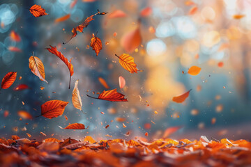 Vibrant autumn leaves falling gently to the ground in a peaceful forest setting, close-up