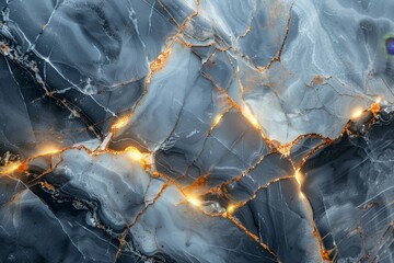 Black and white marble with glowing gold lines close-up - obrazy, fototapety, plakaty