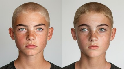 Isolated on a white background, a young bald man before and after  cutting his hair.