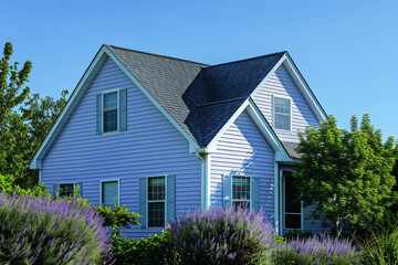 A serene lavender mist house nestled amidst the suburban greenery, its pale blue siding reflecting the brilliance of the sun on a clear, bright day.  - obrazy, fototapety, plakaty