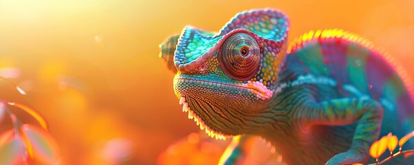 Curious chameleon in funky shades explores colorful world.