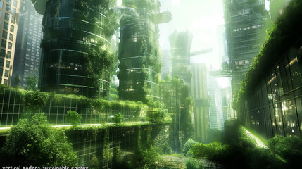 The image shows a futuristic city with tall buildings covered in plants and solar panels.

