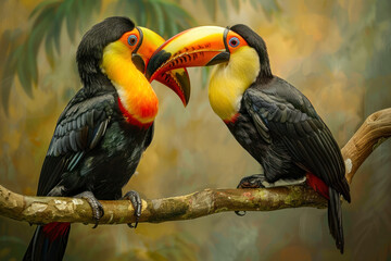 Fototapeta premium Two toucans share a moment of tenderness as they preen each other's feathers.