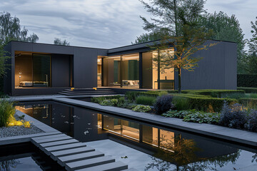 A sleek charcoal gray American house with modern landscaping, reflecting the early morning light. - obrazy, fototapety, plakaty