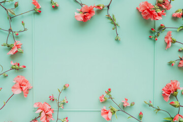 Creative Floral Frame with Blooming Coral Hibiscus on Mint Background