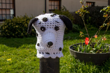 knitted dalmatian bollard topper in Titchfield Hampshire England