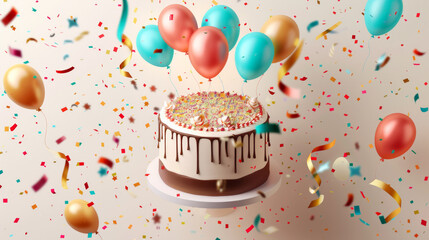 A cake with a drizzle of chocolate and a bunch of colorful balloons