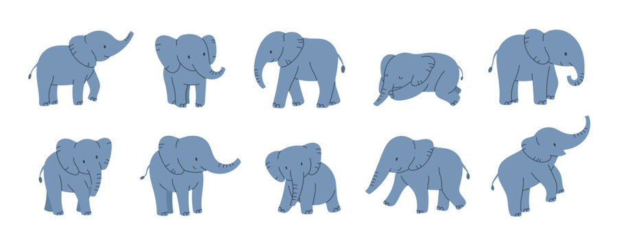 Baby elephants set. Blue calf standing, sitting and sleep posture. Flat cartoon style vector illustration isolated on white background