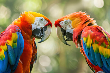 Two parrots engage in a lively conversation.