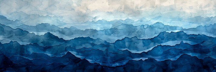 Blue Watercolor Layers Resembling Waves of Tranquil Ocean