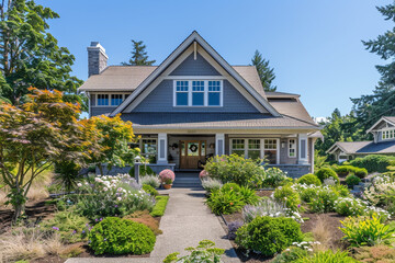 A sophisticated dove grey craftsman cottage style home, front view, featuring a distinctive triple pitched roof, manicured landscaping, and a path that leads to the essence of curb appeal.