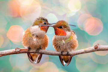 Obraz premium Two hummingbirds share a quiet moment perched on a branch.