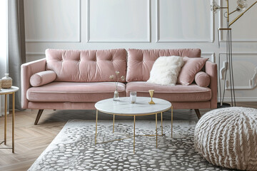 A sophisticated living space featuring a blush velvet sofa, minimalist coffee table, and refined gold accents, complemented by a cozy carpet and chic pouf, captured in stunning ultra HD clarity.