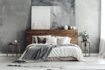 Comfortable bedroom with furniture, wood headboard, painting, and grey flooring