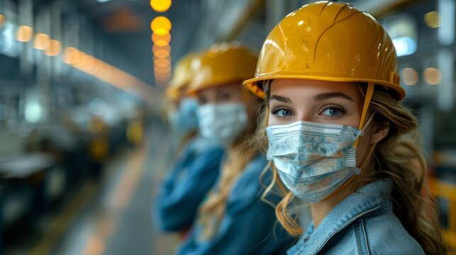 The concept of protective action and quarantine to stop the spread of a viral disease is illustrated by factory workers wearing masks.