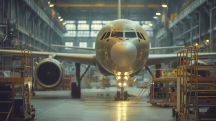 Passenger aircraft in a large repair hangar