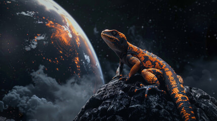 Fototapeta premium Stunning image of a lizard in vibrant orange and black, surrounded by a space background
