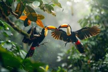 Fototapeta premium A pair of toucans engage in a playful game of tag.